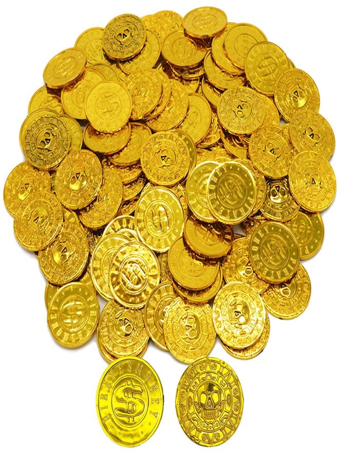 Flyekist Gold Coins Plastic - 100 Count Kids Play Money Pirate Tokens - Fake Gold Coins for St. Patricks Day Party Favors,Pirate Party,Treasure Hunt Game - Image 1